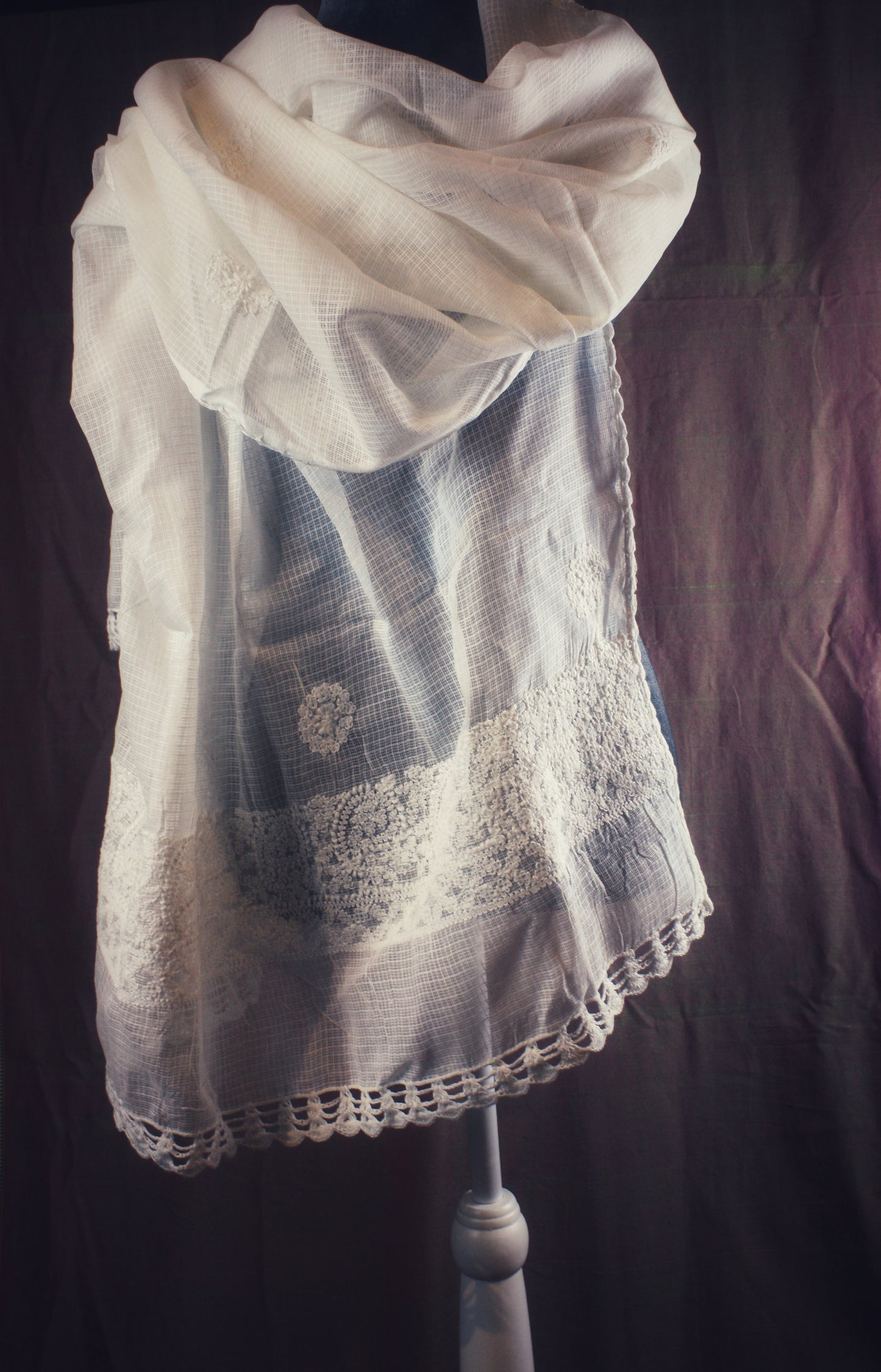 Chikankari Hand embroidery Cotton Dupatta - White