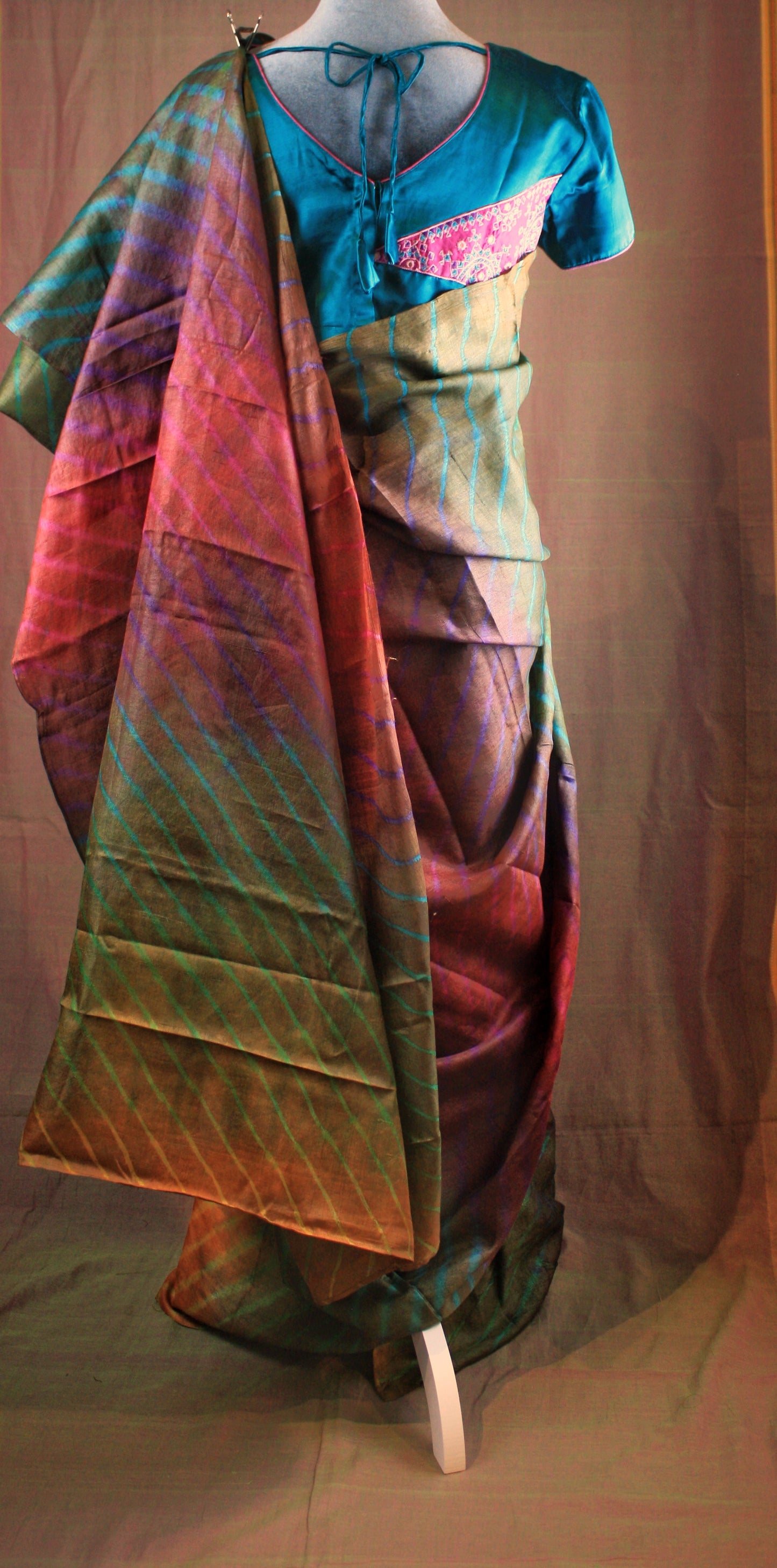 Hand crafted Leheria Tie-Dye Tussar Silk Saree - Multi color