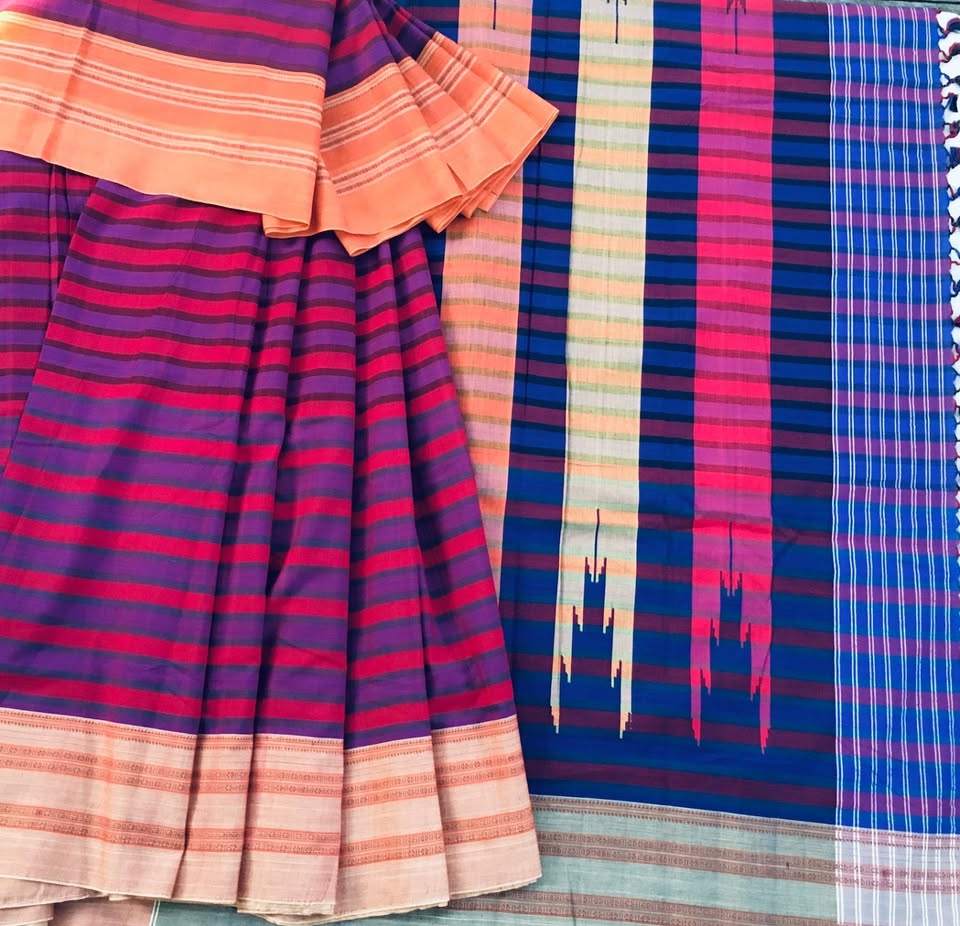 Ilkal Handloom Saree - Purple stripes w/ sandal border