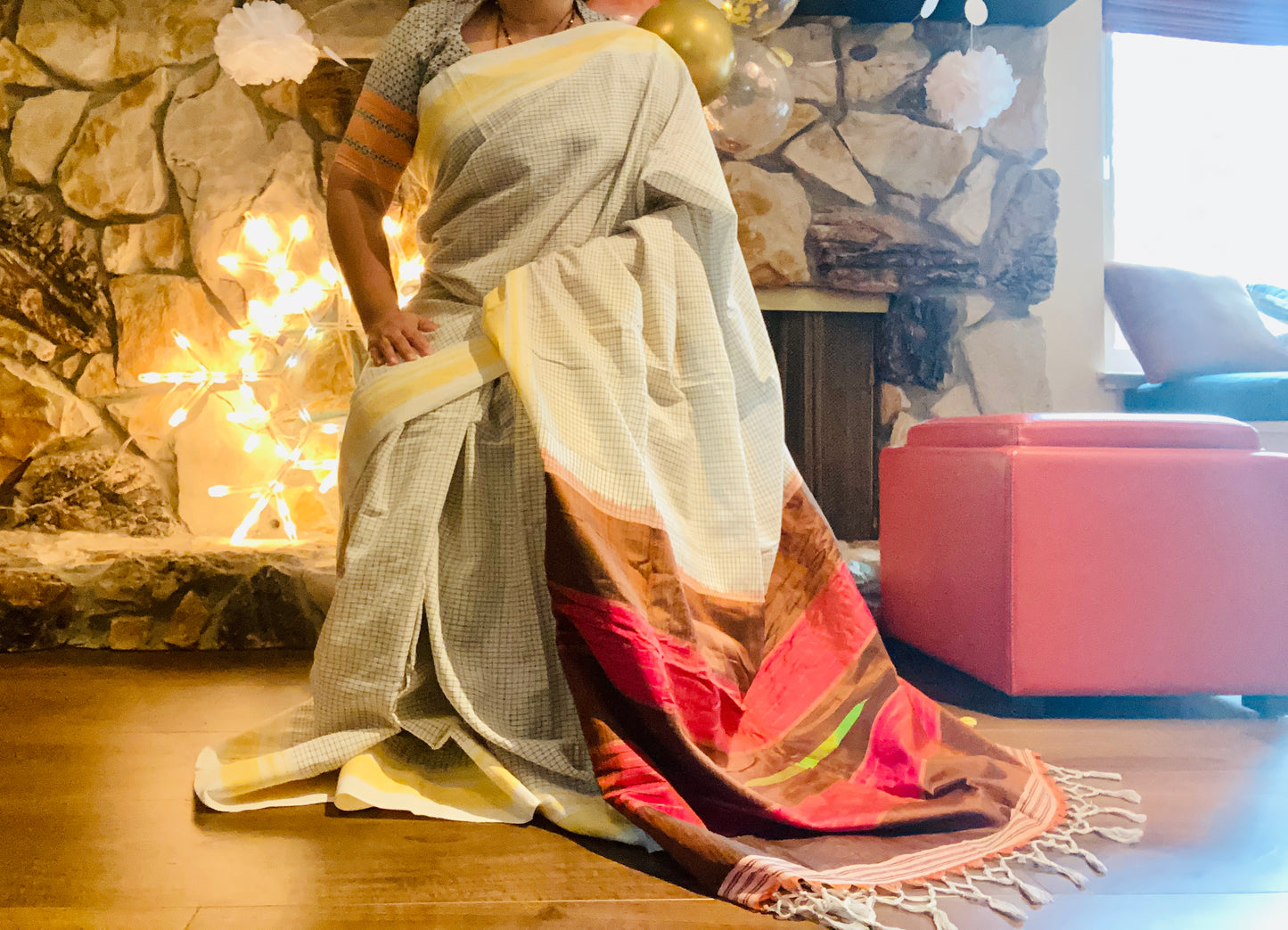 Ilkal Handloom Saree -Checks w/ White border