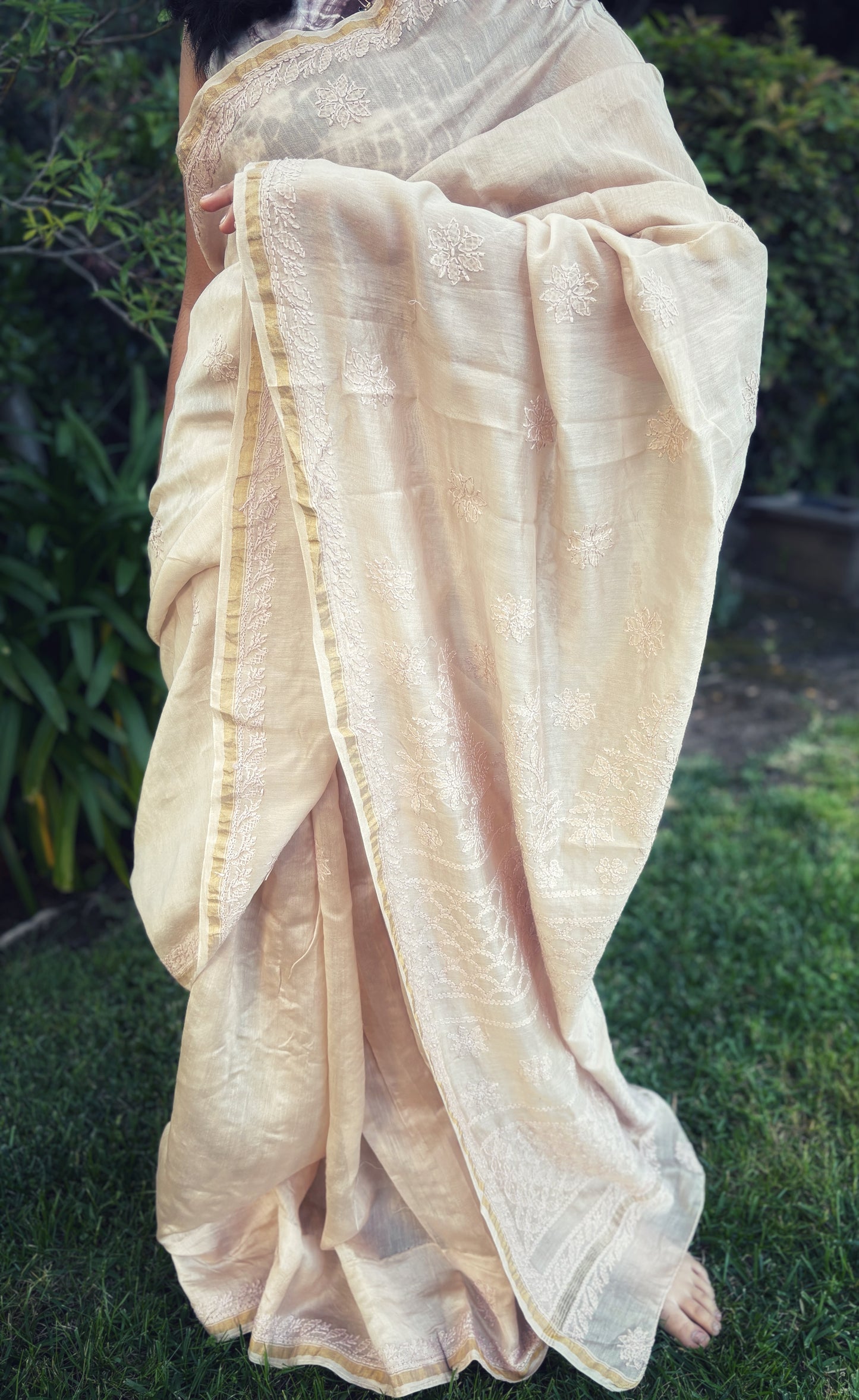 Chikankari Hand embroidery Chanderi Silk Saree - Fawn