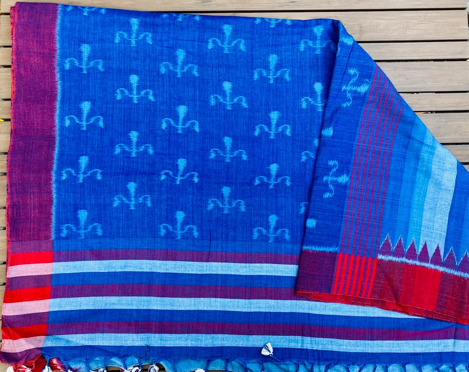 Khandua Ikat Handloom Saree - Blue w/ Red