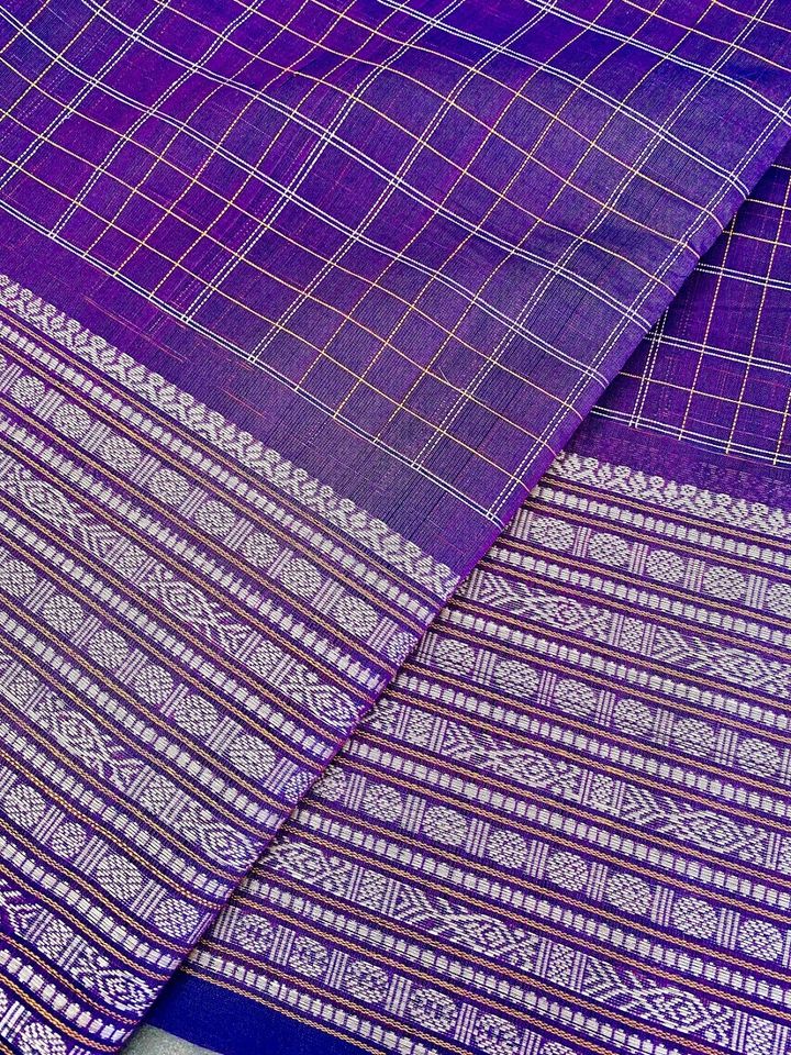 Kanjivaram Cotton Saree - Purple checks
