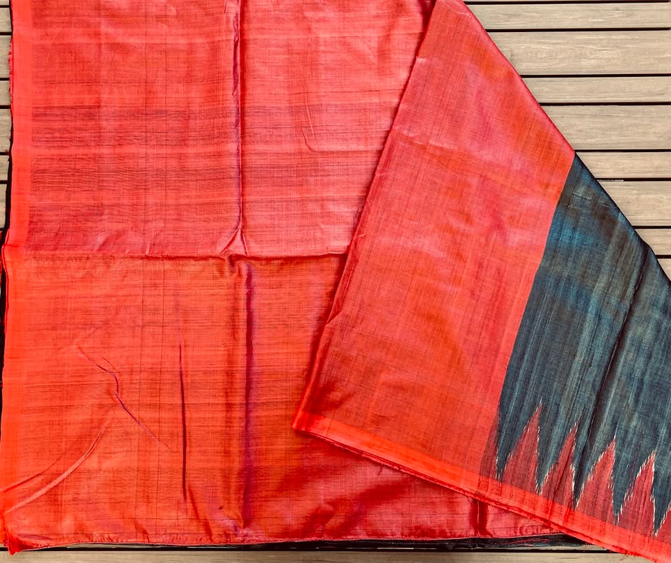 Tussar Ghicha Silk Ikat Handloom Saree - Black w/ Red
