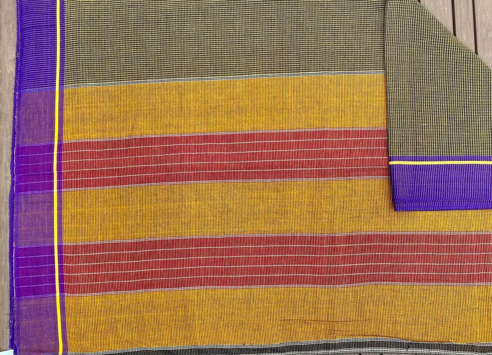 Patteda Anchu Handloom Saree - Black checks with Indigo border