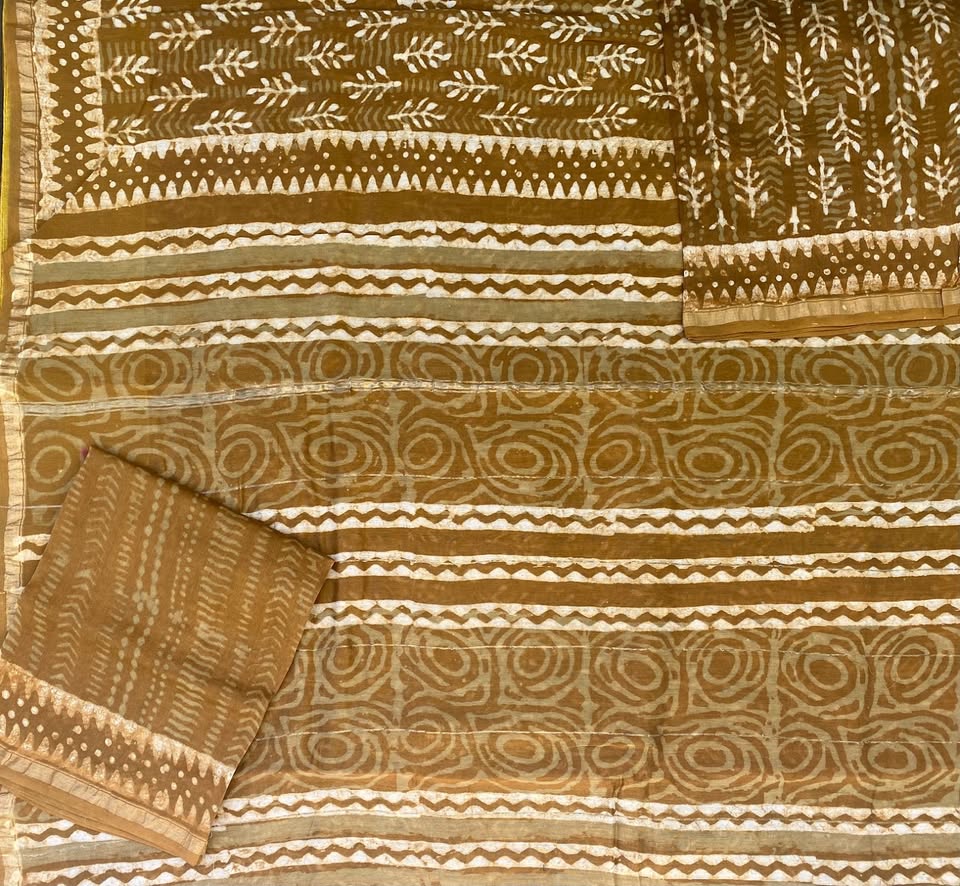 Chanderi Saree w/ Bagru Hand block Print- Khaki