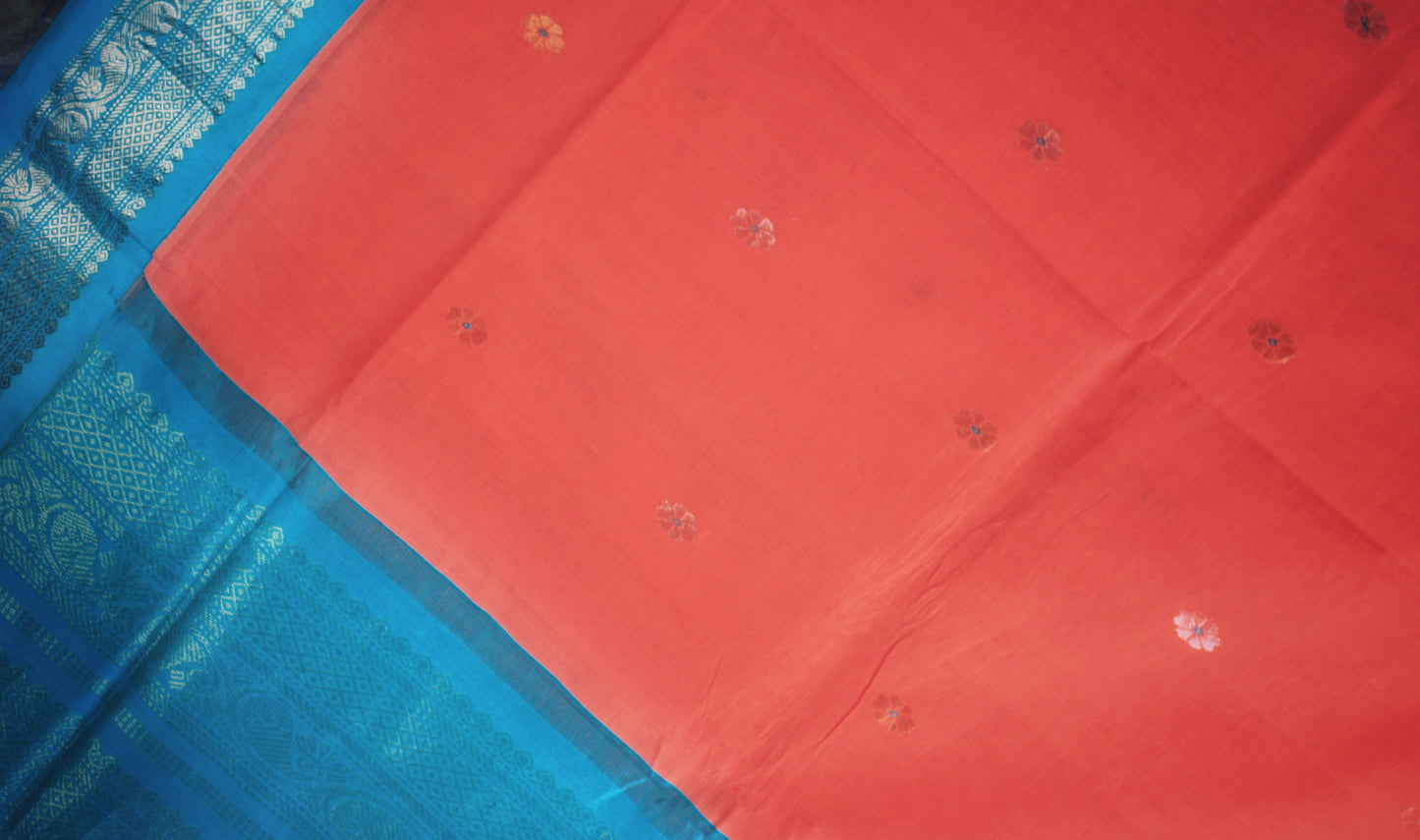 Gadwal Handloom Cotton Saree - Orange/ Turquoise