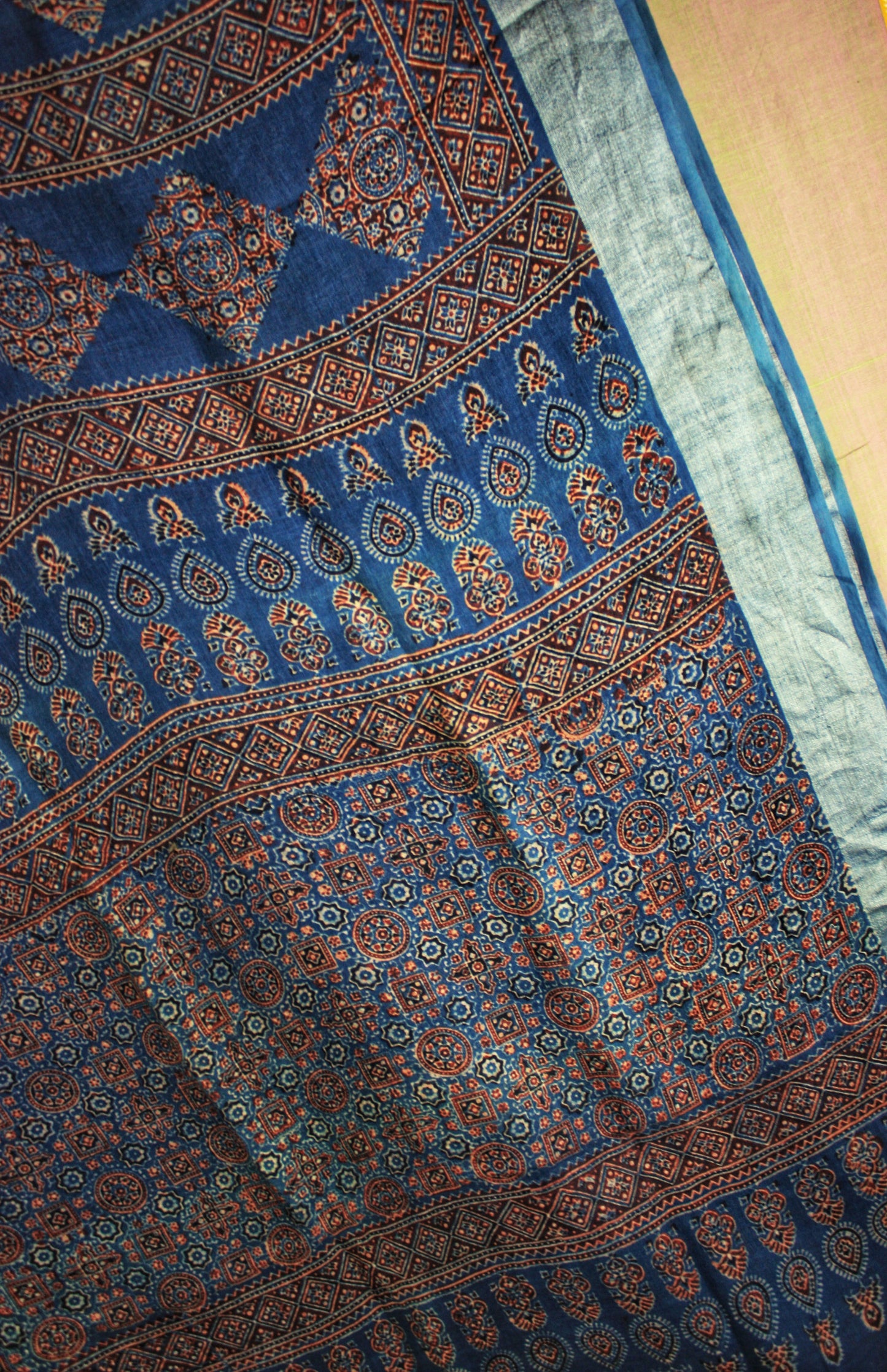 Ajrakh Hand Block Print Linen Saree - Indigo diamond