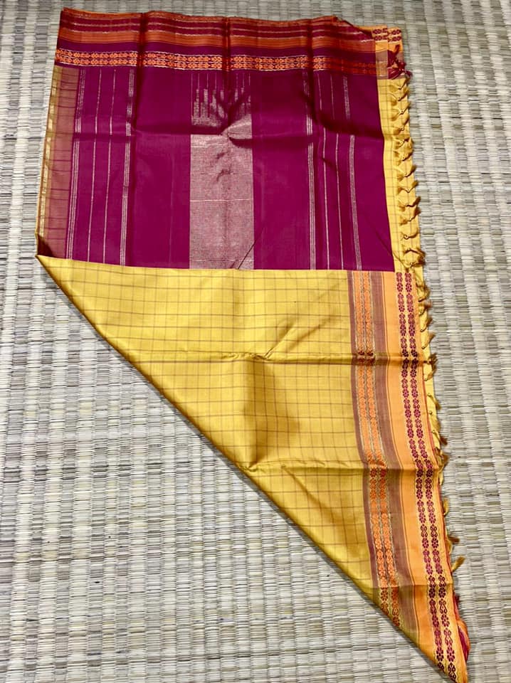Kanjivaram Pure Silk Pure Zari Saree - Yellow w/ Orange,Red