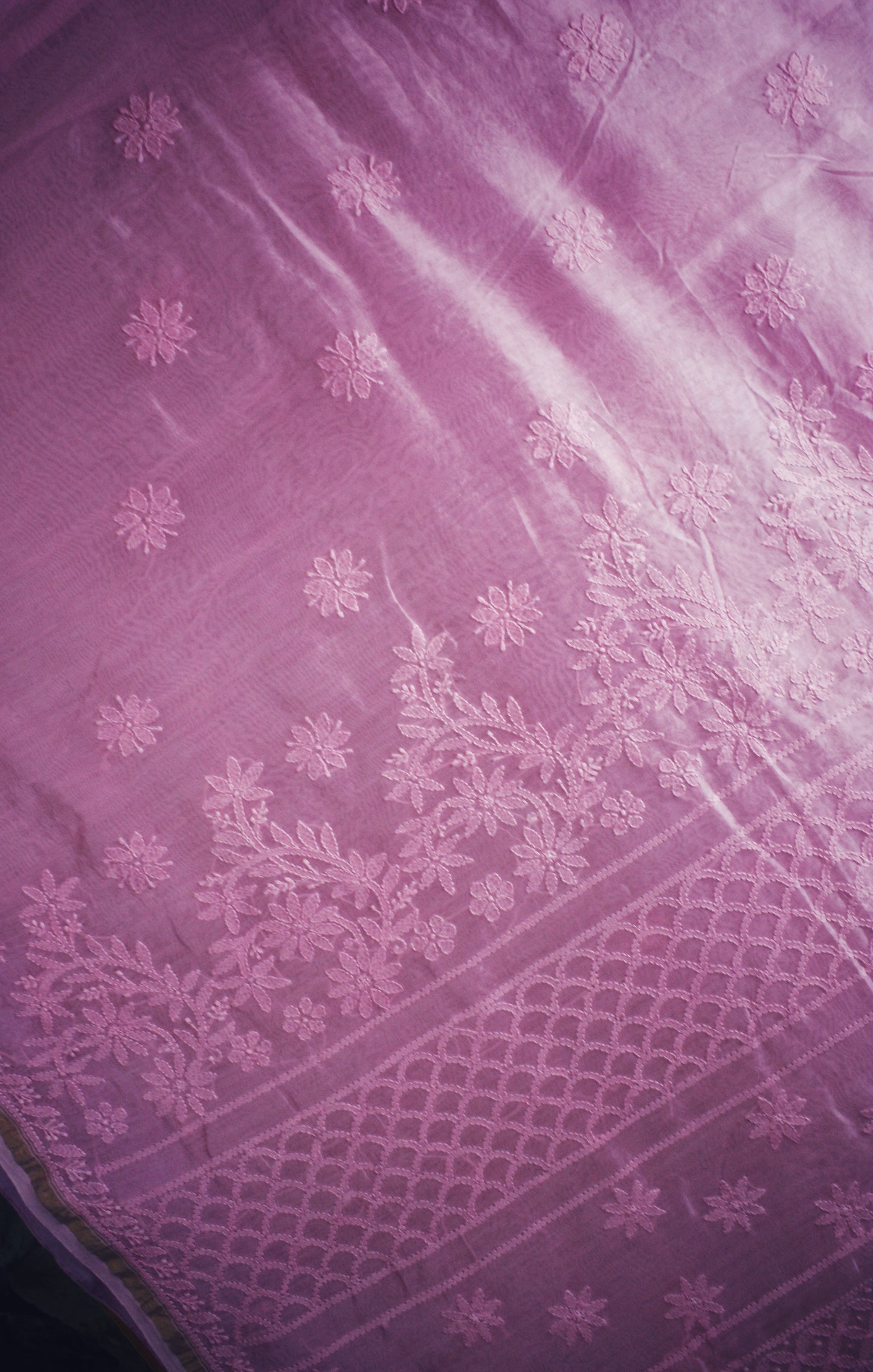 Chikankari Hand embroidery Chanderi Silk Saree - Pink