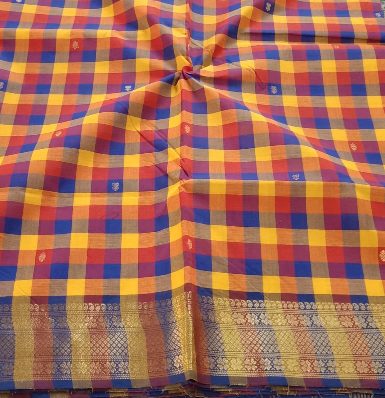 Kandangi Handloom Saree - Checks - Red/Blue/Yellow checks