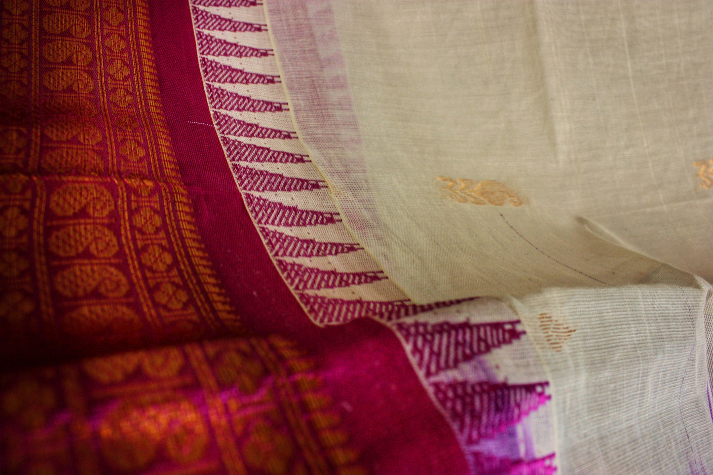 Gadwal Handloom Cotton Saree - White/ Purple