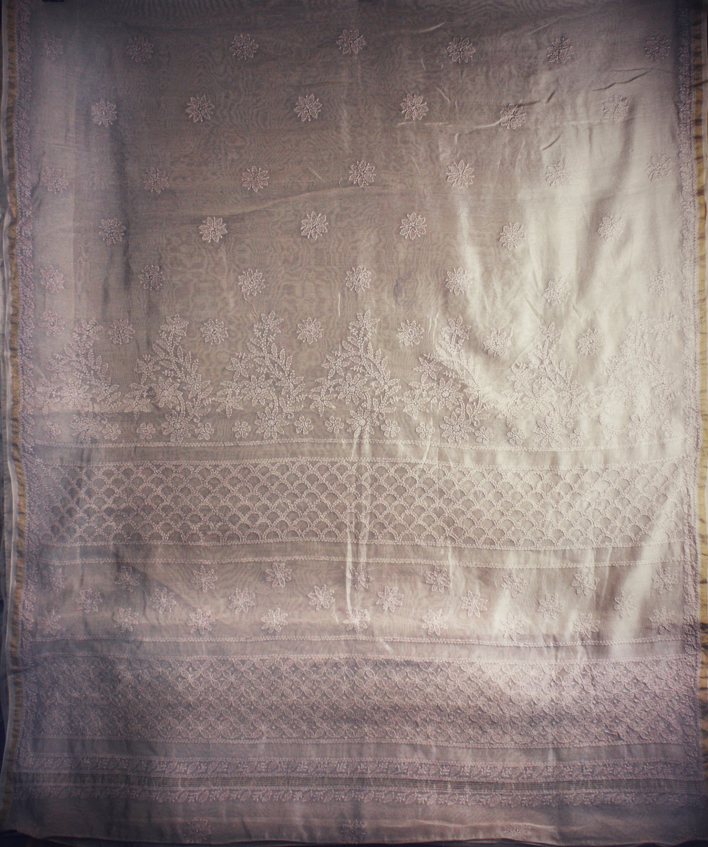 Chikankari Hand embroidery Chanderi Silk Saree - Fawn