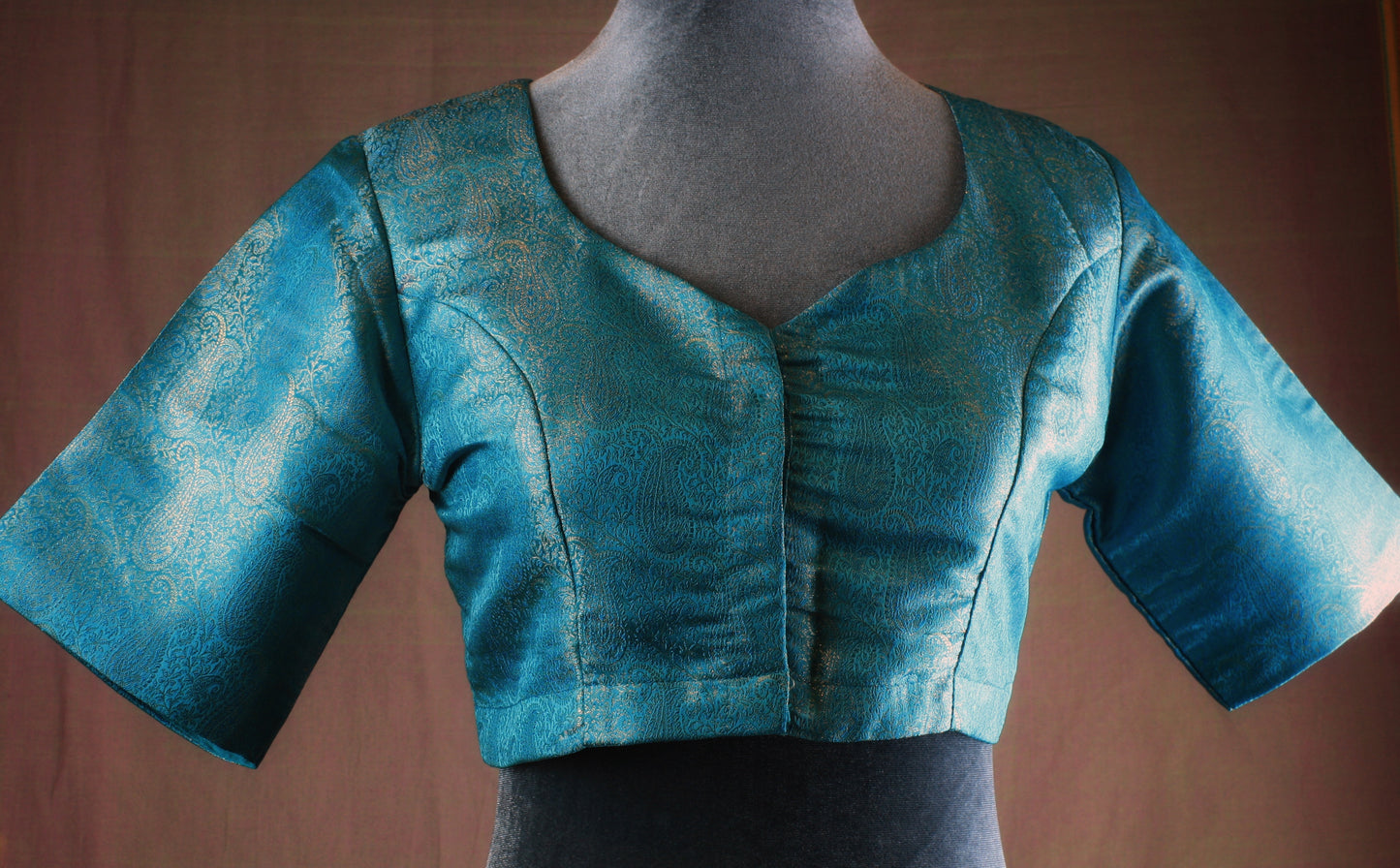 Banarasi Brocade Blouse - Turquoise blue/ Peach