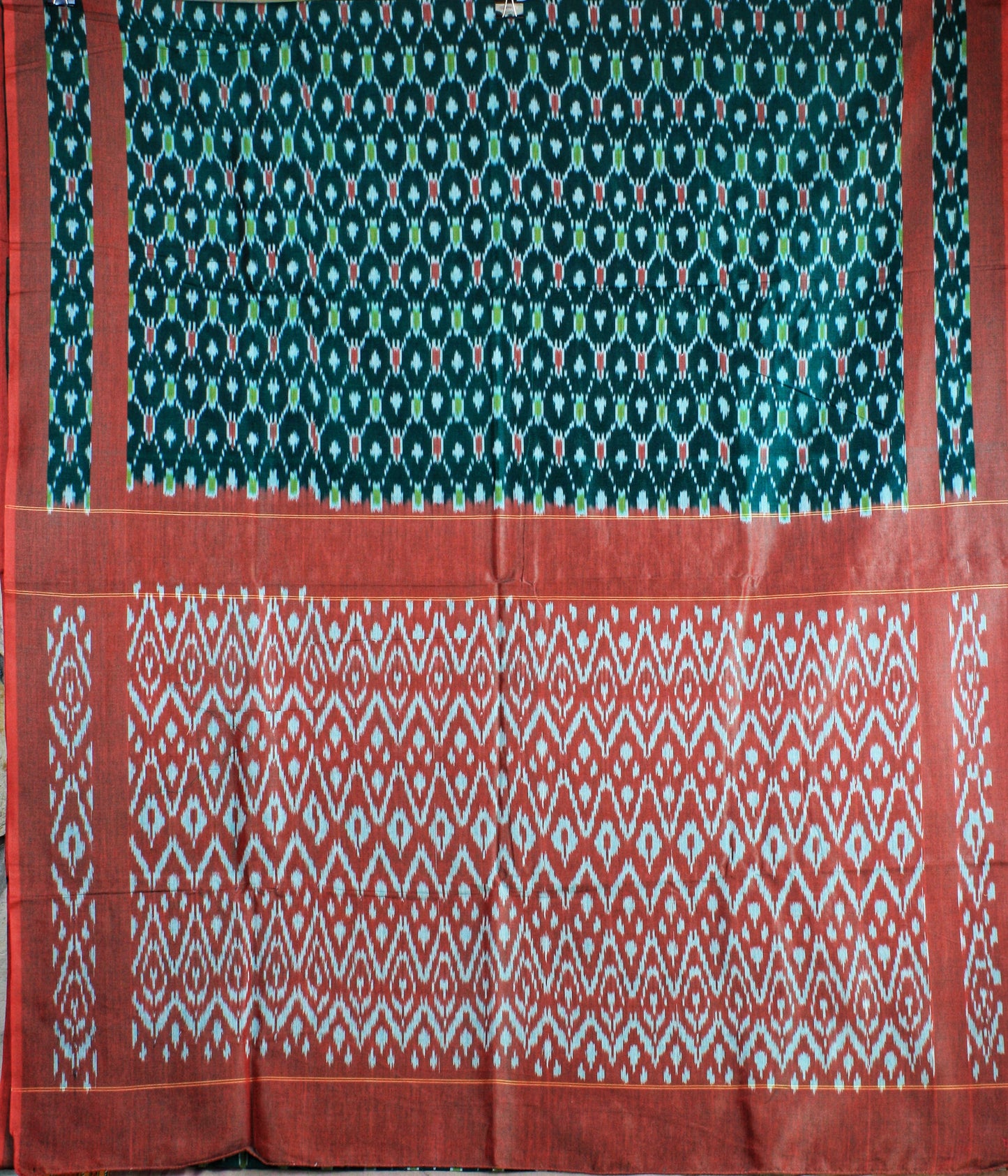 Pochampally Ikat Silk Cotton Saree - Green/ Red
