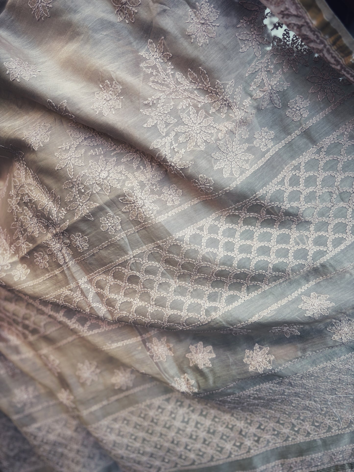 Chikankari Hand embroidery Chanderi Silk Saree - Fawn
