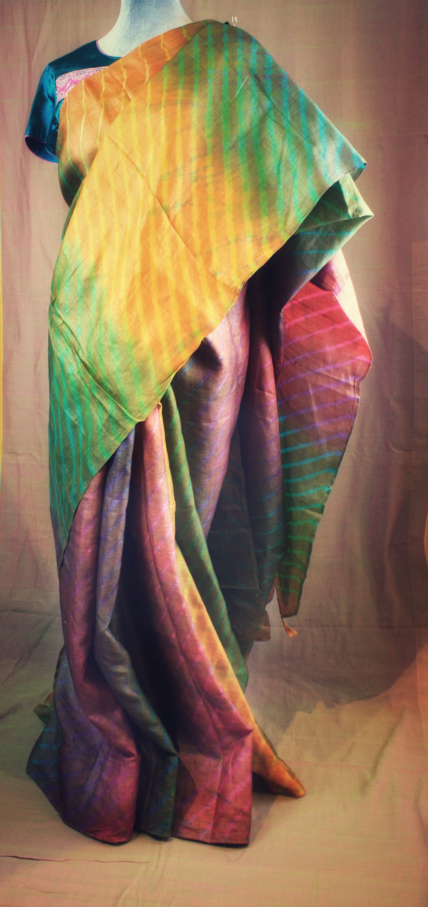 Hand crafted Leheria Tie-Dye Tussar Silk Saree - Multi color