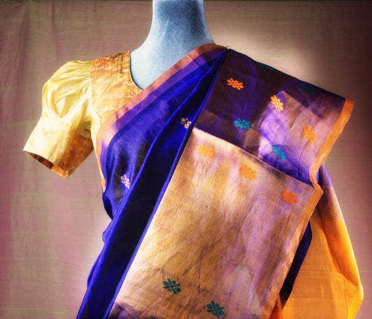 Venkatagiri Handloom Silk Cotton Saree - Indigo w/ Yellow