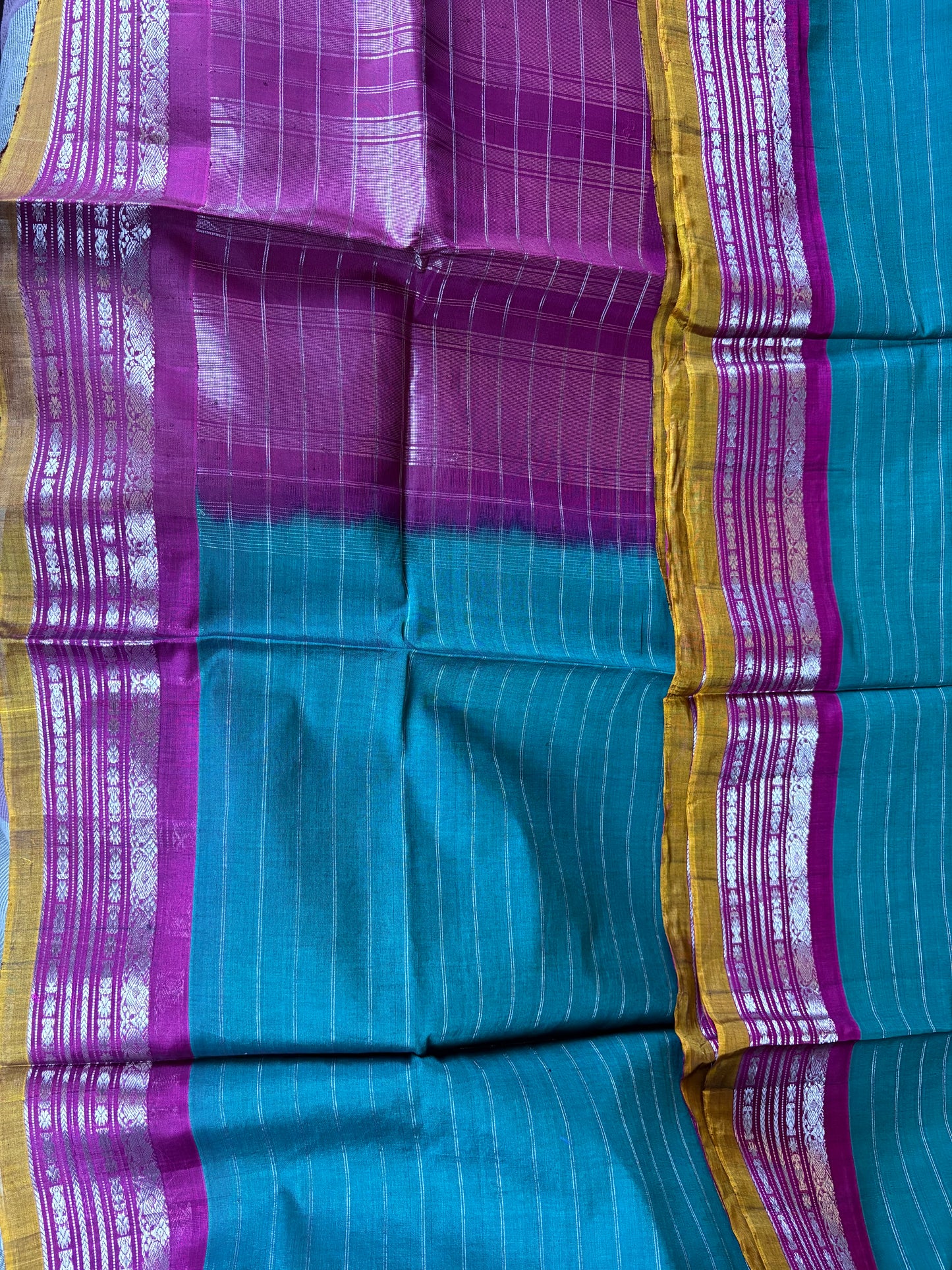 Gadwal Handloom SICO Saree - Teal/ Pink Silver