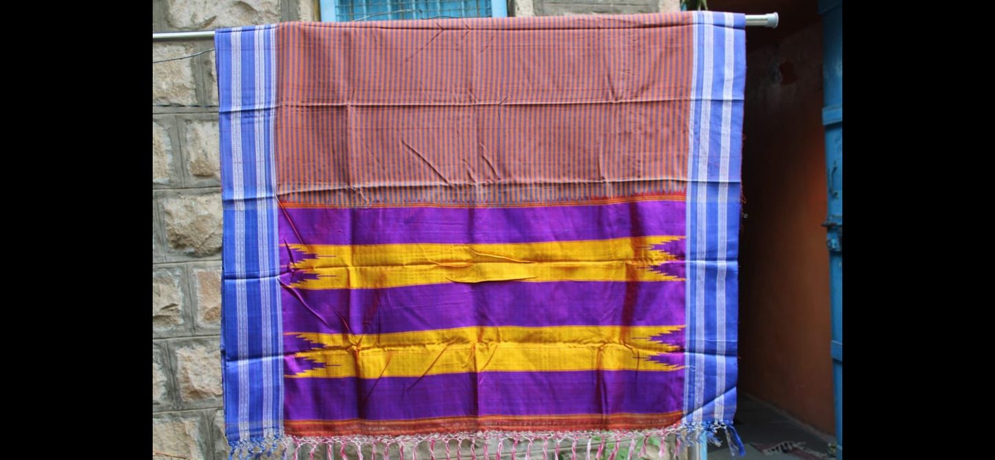 Ilkal Handloom Saree - Stripes w/ Blue border
