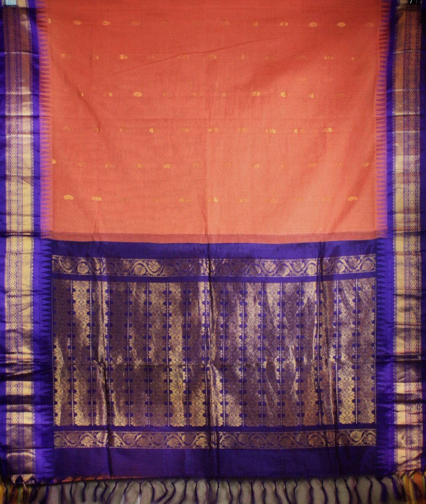 Gadwal Handloom Cotton Saree - Peach/ Indigo