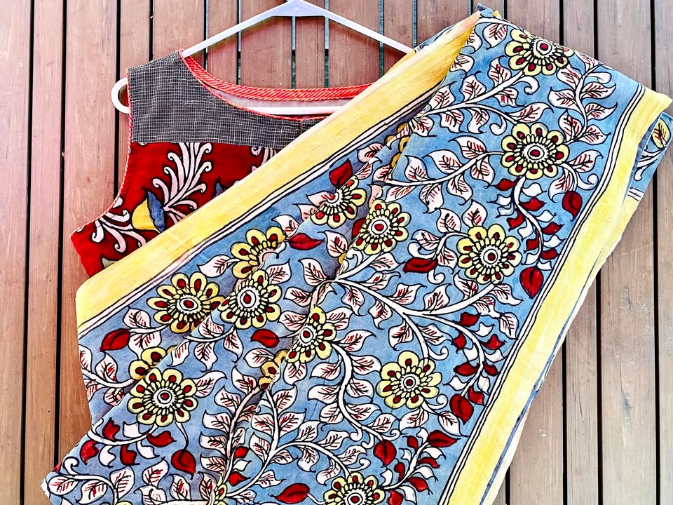 Hand Painted Kalamkari Cotton Saree - Blue w/ Red