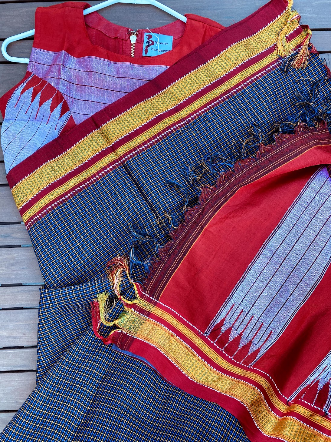 Ilkal Handloom Saree - Black checks w/ Red border