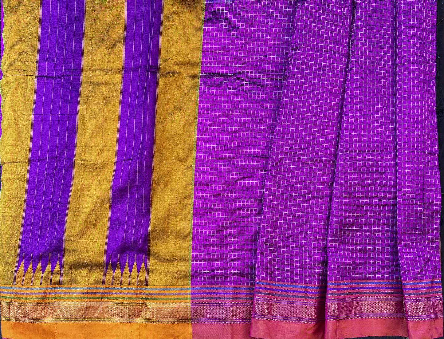 Ilkal Handloom Silk Saree - Purple checks/ Orange