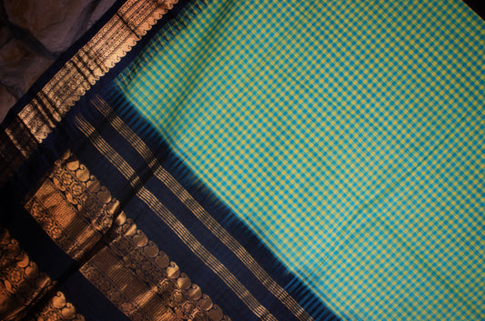 Gadwal Handloom Cotton Saree - Checks/ Black