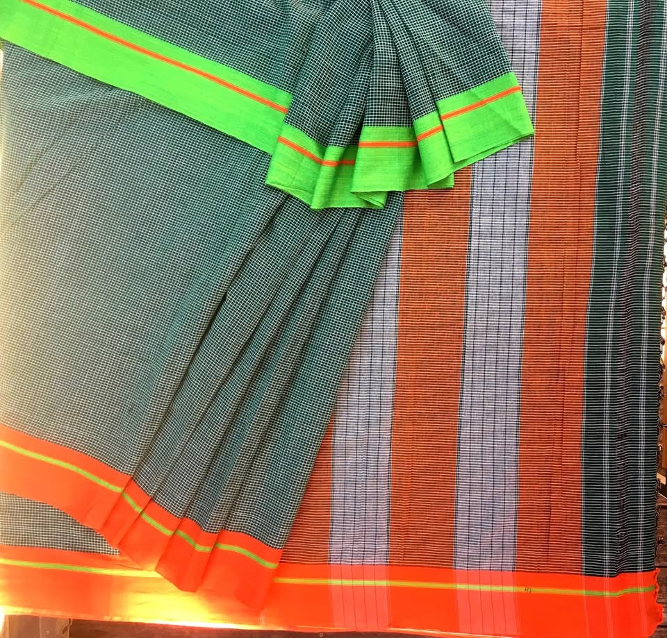 Patteda Anchu Handloom Saree - Dark green checks with Orange, Neon green