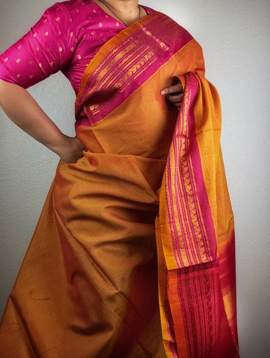 Gadwal Handloom SICO Saree - Orange/ Pink