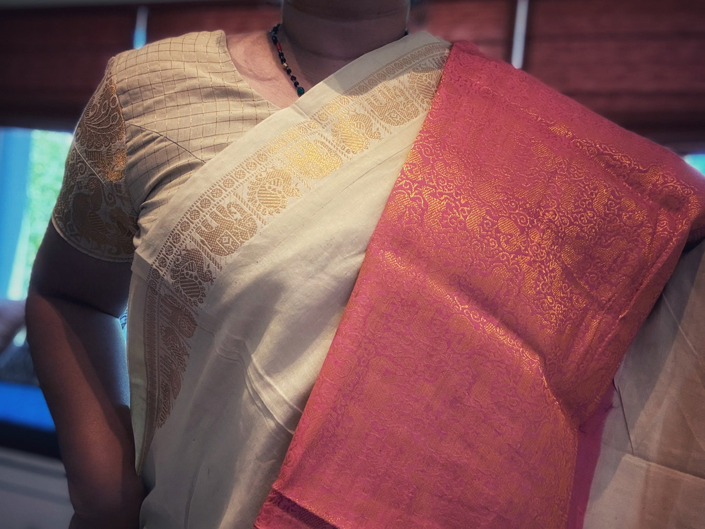 Sungudi Cotton Saree - Pink/ Off-white Vanasingaram