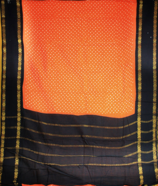 Sungudi Cotton Saree - Orange/ Black