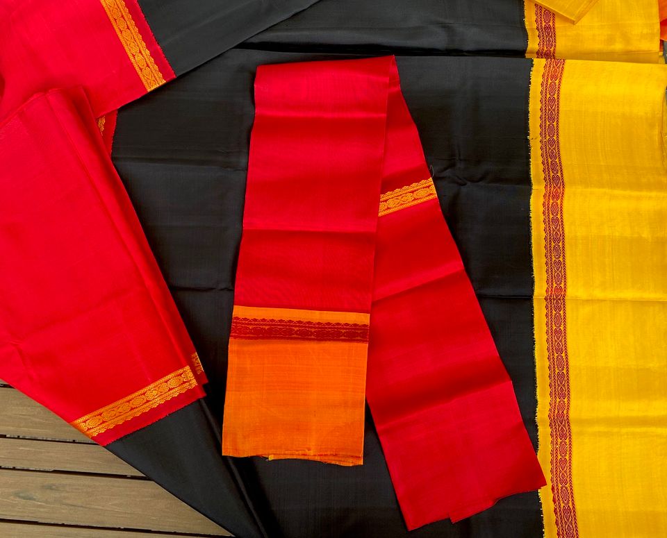 Kanjivaram Pure Silk Korvai Saree - Black w/ Mustard, Red