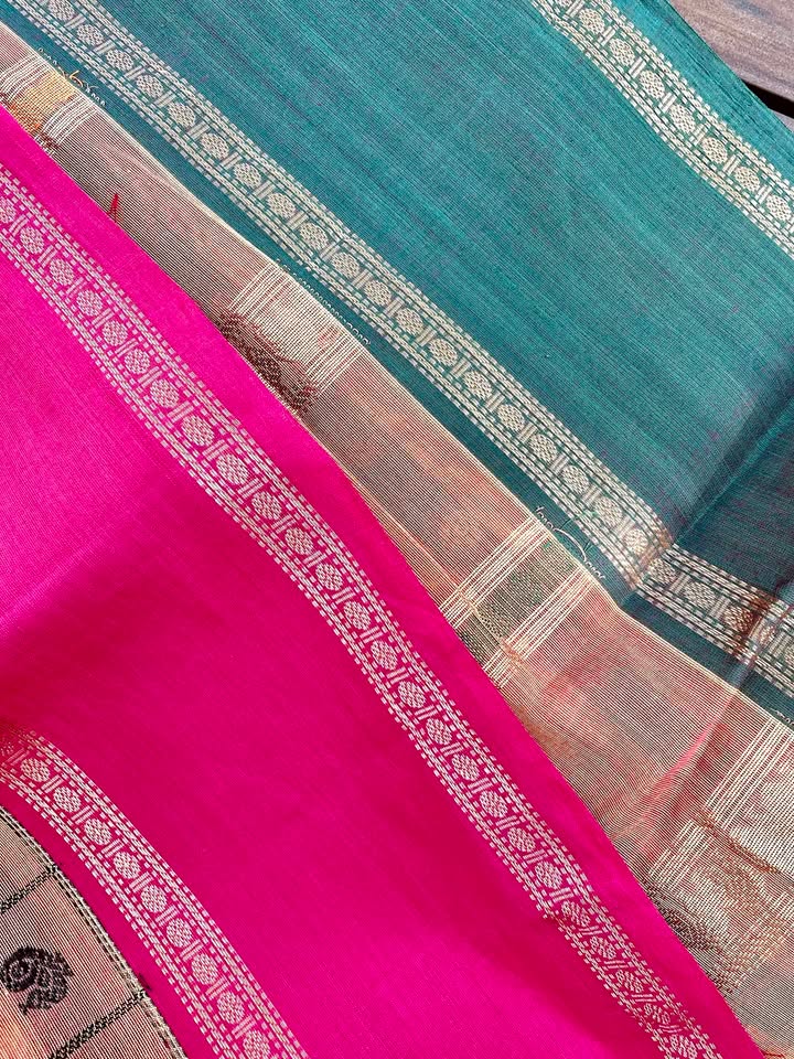Kanjivaram Cotton Saree - Biscuit w/ Green,Pink Ayiram butta