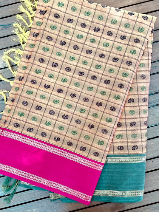 Kanjivaram Cotton Saree - Biscuit w/ Green,Pink Ayiram butta