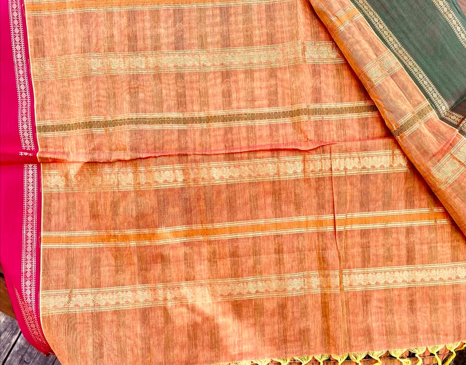 Kanjivaram Cotton Saree - Biscuit w/ Green,Pink Ayiram butta