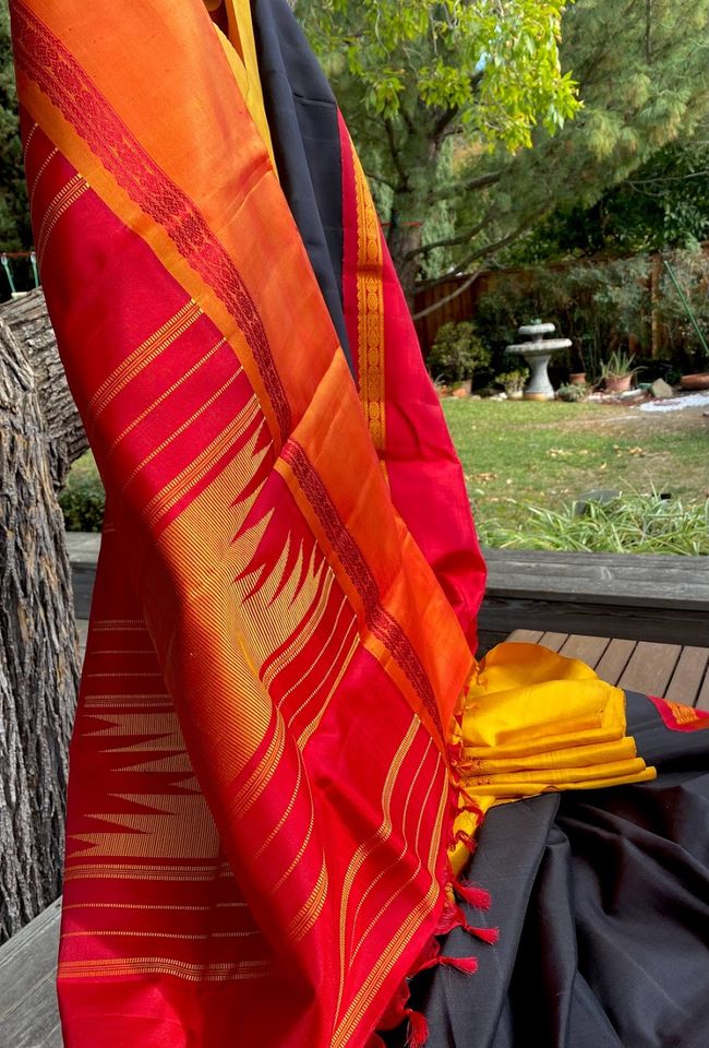 Kanjivaram Pure Silk Korvai Saree - Black w/ Mustard, Red