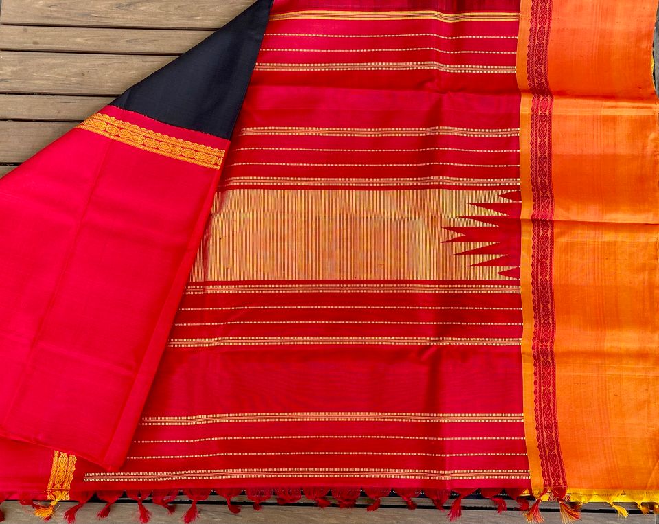 Kanjivaram Pure Silk Korvai Saree - Black w/ Mustard, Red