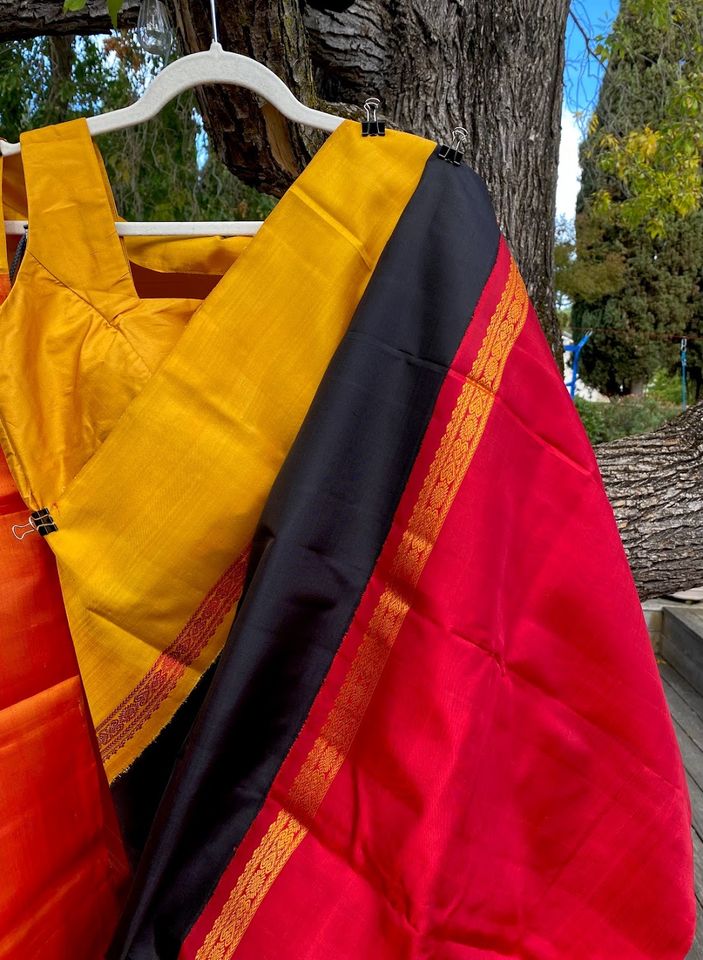 Kanjivaram Pure Silk Korvai Saree - Black w/ Mustard, Red