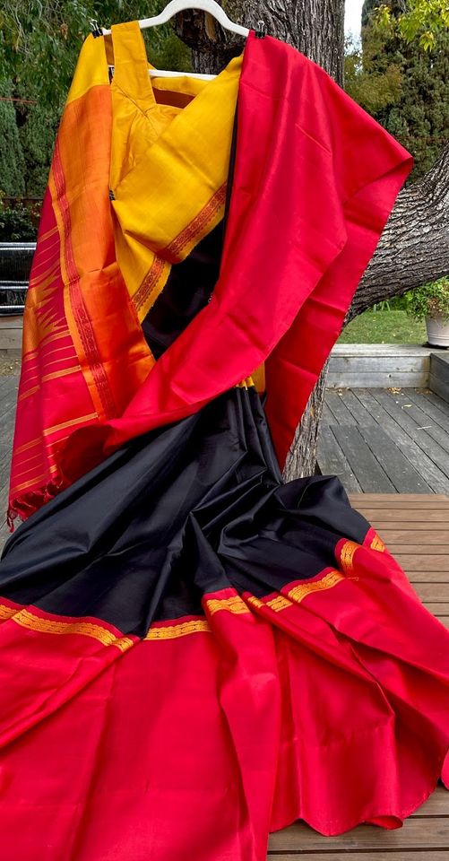 Kanjivaram Pure Silk Korvai Saree - Black w/ Mustard, Red