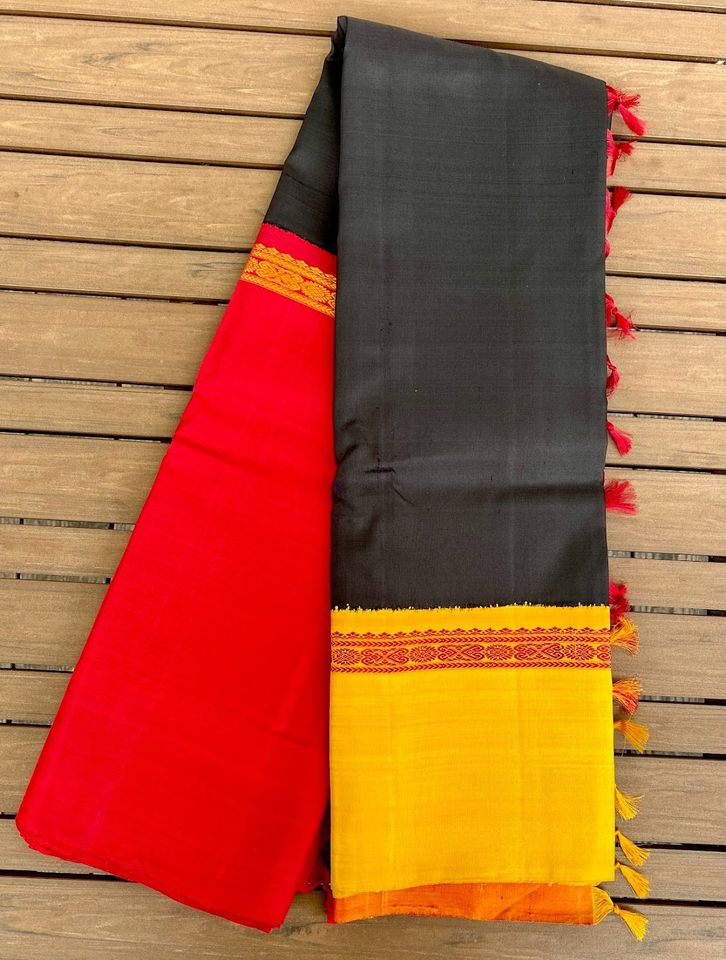 Kanjivaram Pure Silk Korvai Saree - Black w/ Mustard, Red