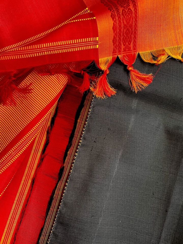 Kanjivaram Pure Silk Korvai Saree - Black w/ Mustard, Red