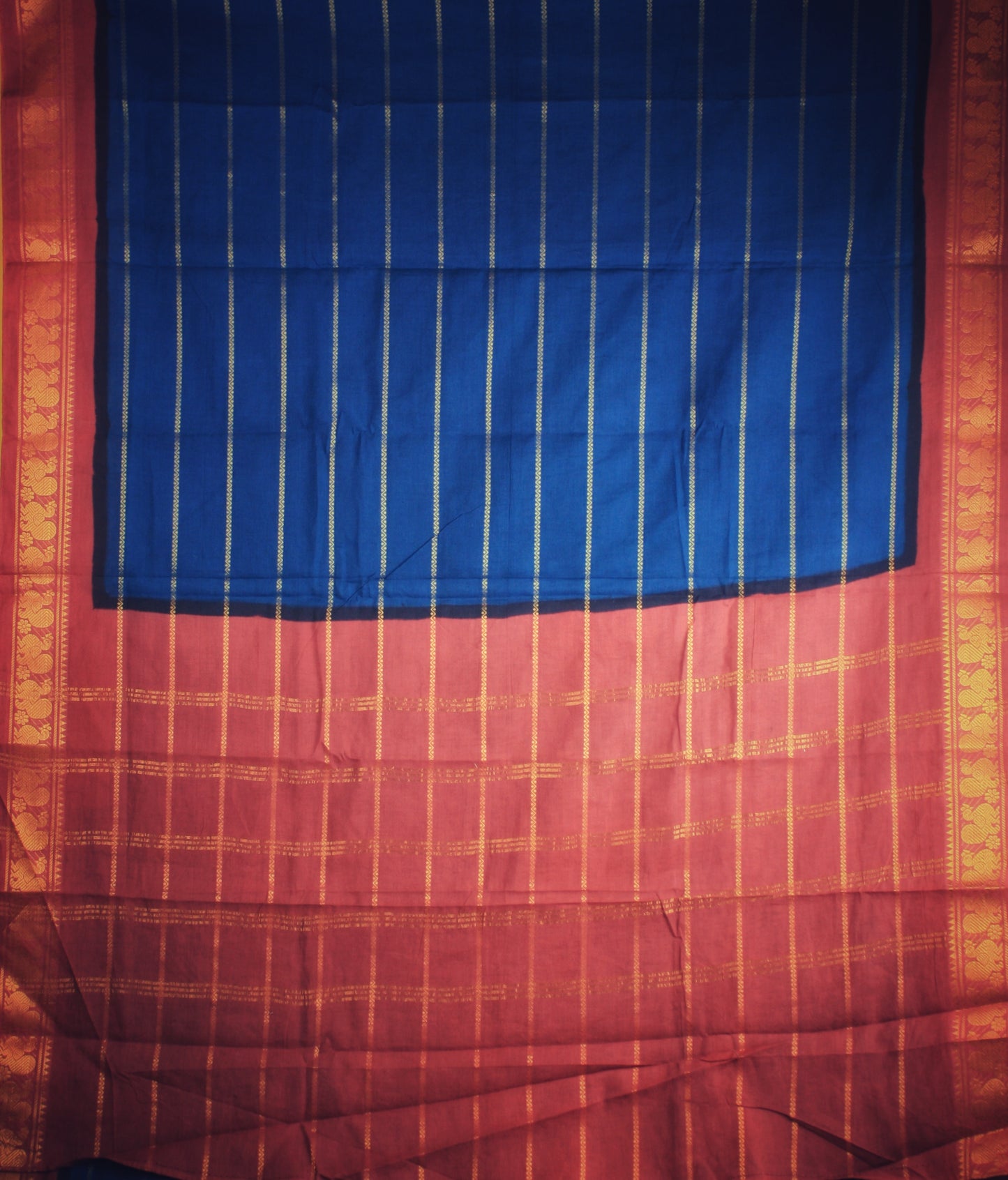 Sungudi Cotton Saree - Blue/ Rust