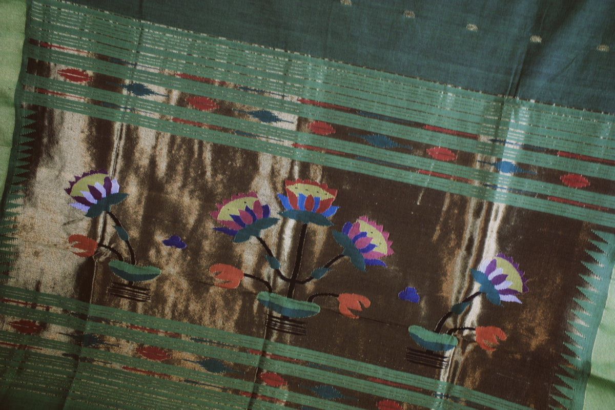 Paithani Handloom Cotton Saree - Leaf Green