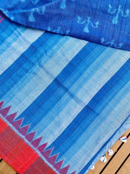 Khandua Ikat Handloom Saree - Blue w/ Red