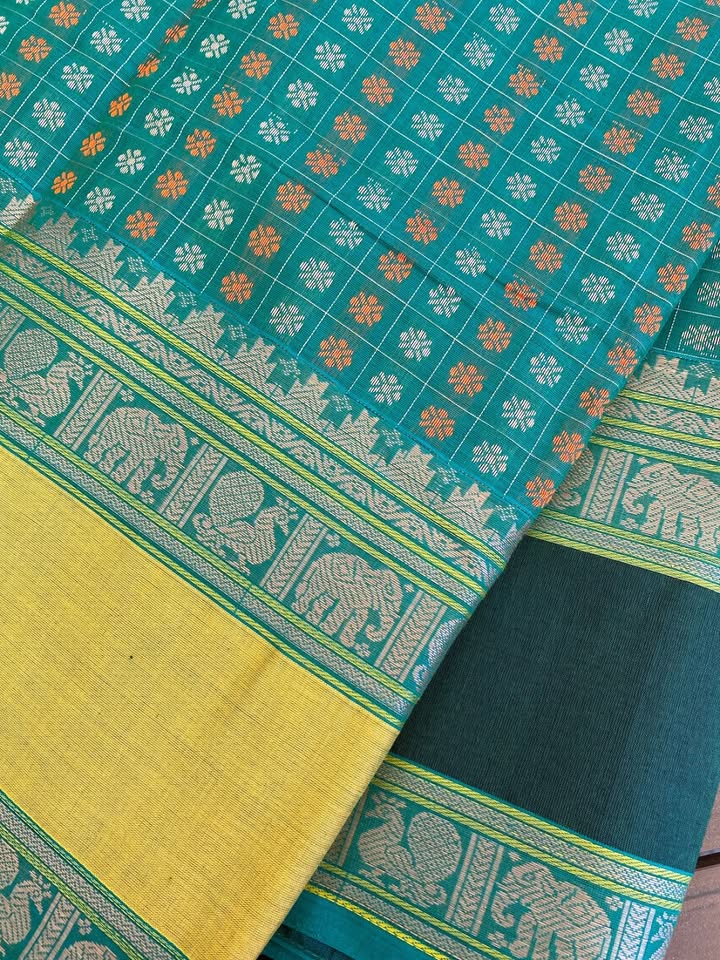Kanjivaram Cotton Saree - Tuequoise blue Ayiram Butta