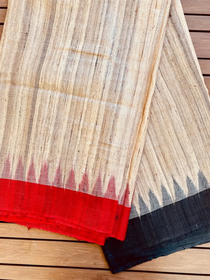 Tussar Ghicha Silk Ikat Handloom Saree - Beige w/ Black, Red