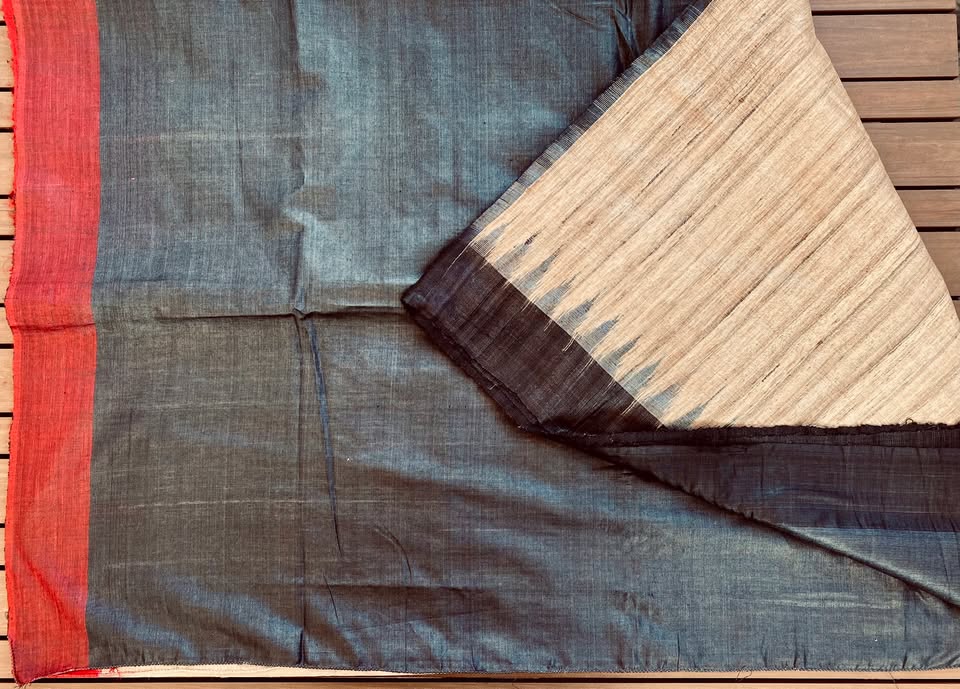 Tussar Ghicha Silk Ikat Handloom Saree - Beige w/ Black, Red