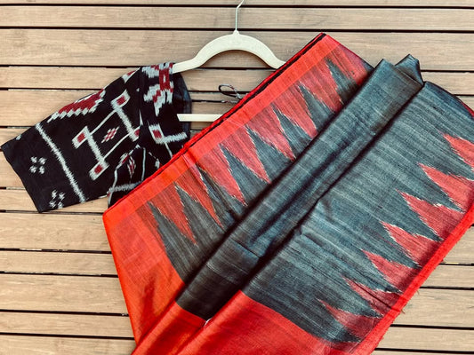 Tussar Ghicha Silk Ikat Handloom Saree - Black w/ Red